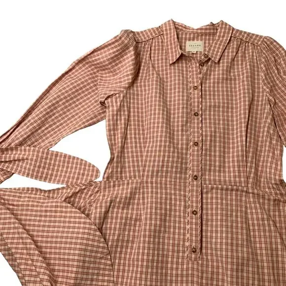 Sezane Jamy Linen Check Shirt Dress Faux Wrap Women 42 Pink Plaid Long Sleeve - Picture 7 of 16